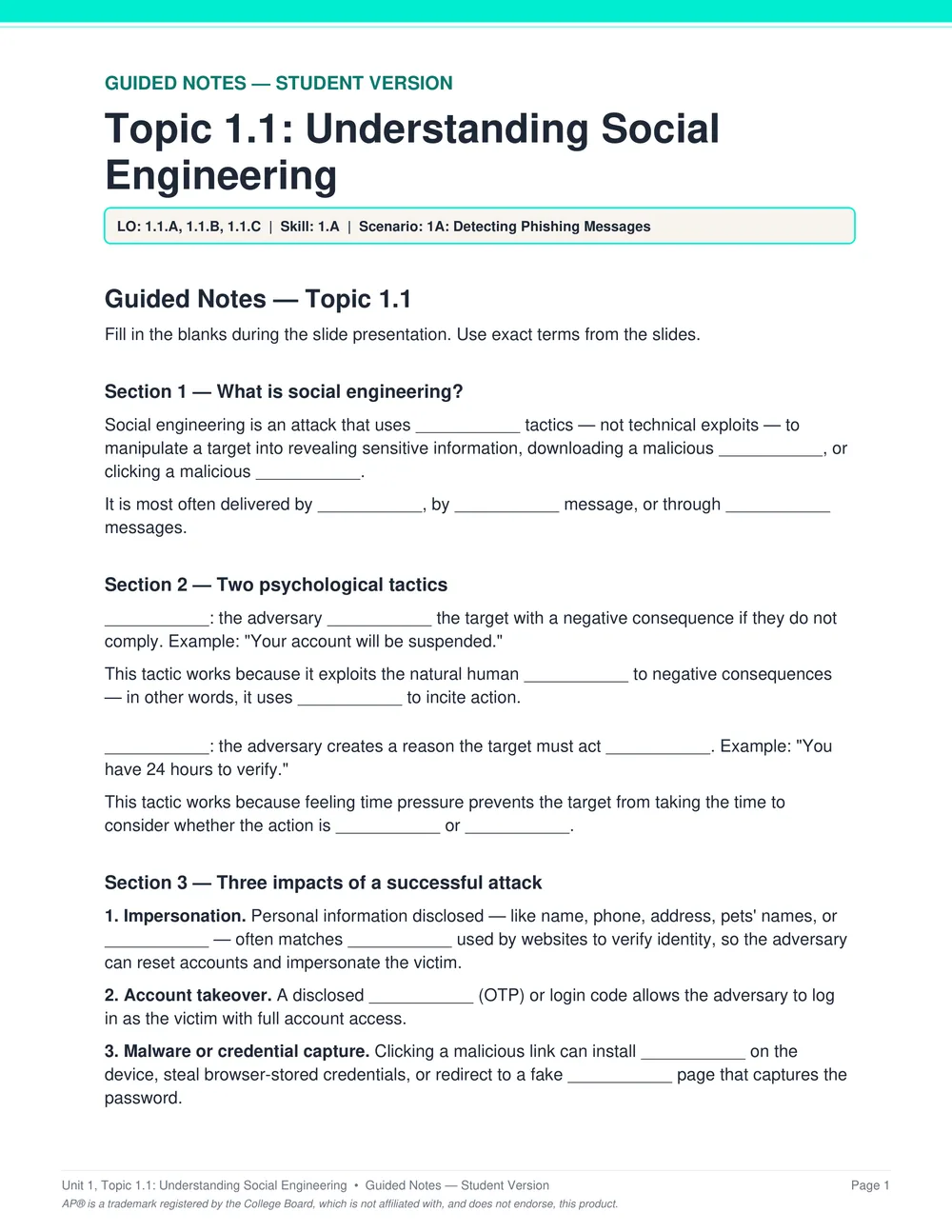 AP Cybersecurity guided notes PDF page from Unit 1