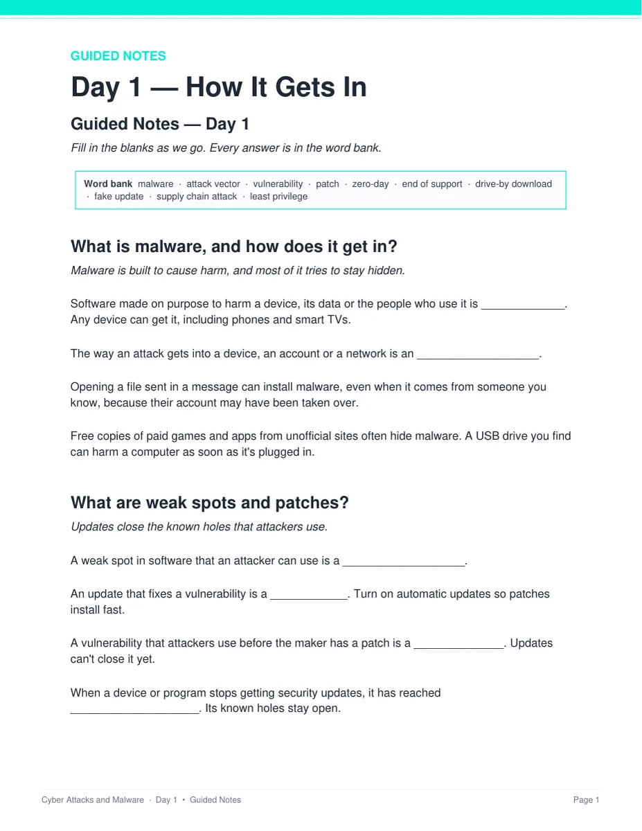 Day 1 guided notes page from the Cyber Attacks and Malware unit