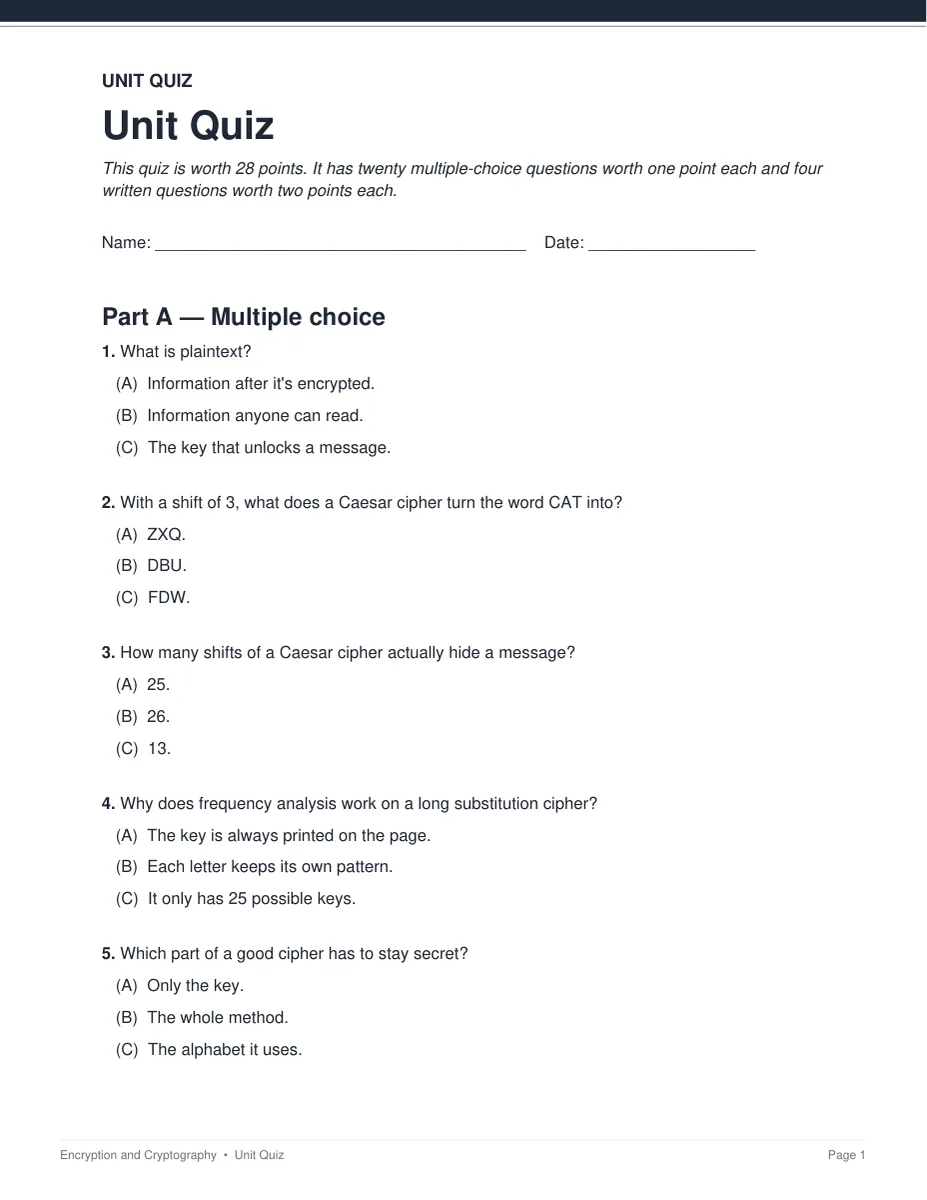 The unit quiz from the Encryption and Cryptography unit