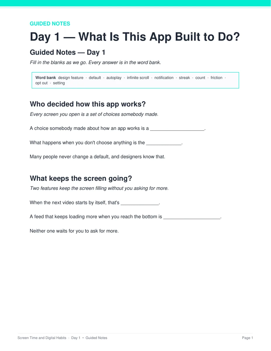Day 1 guided notes page from the Screen Time and Digital Habits unit