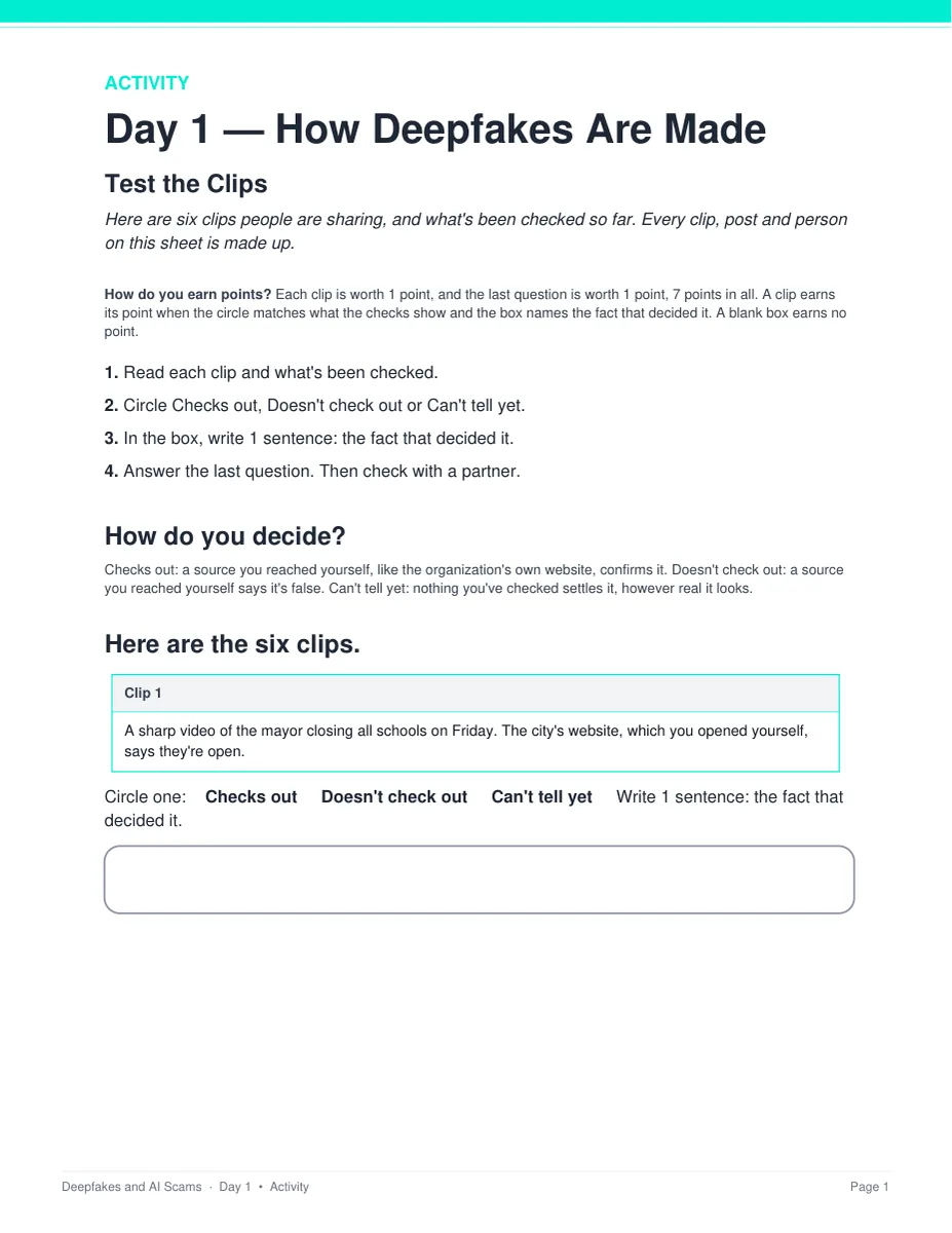 The Test the Clips activity sheet from Day 1