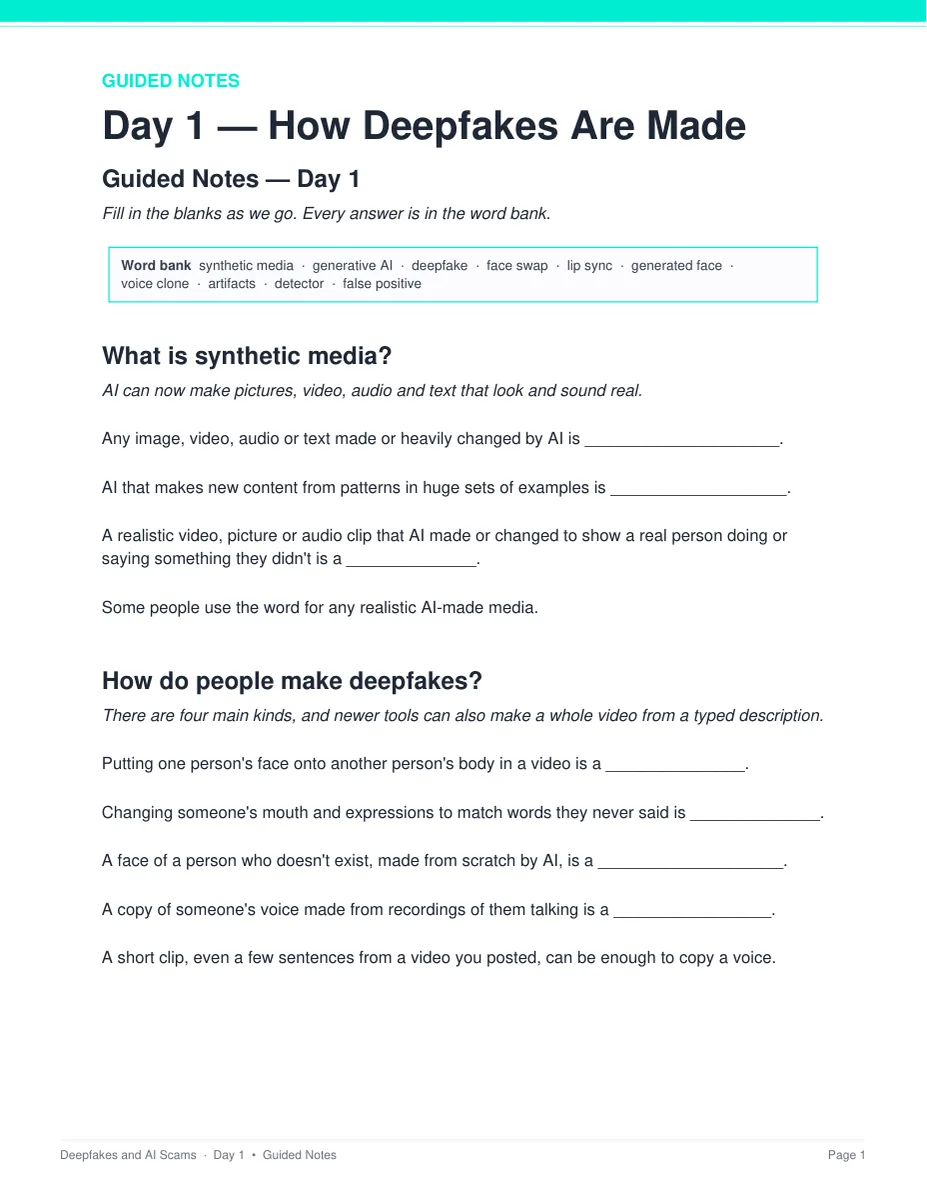 Day 1 guided notes page from the Deepfakes and AI Scams unit