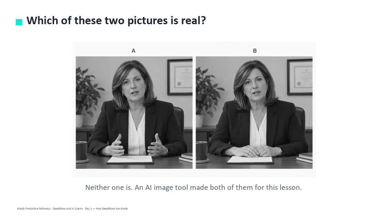 A slide from Day 1 of the Deepfakes and AI Scams deck