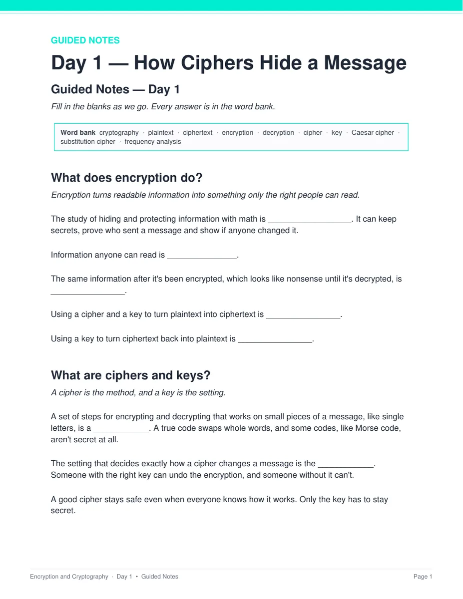 Day 1 guided notes page from the Encryption and Cryptography unit