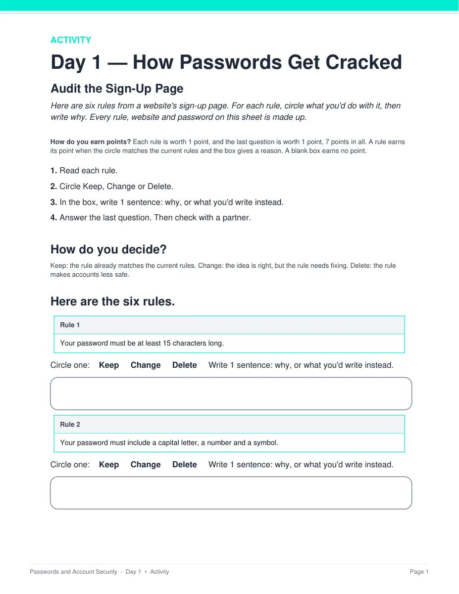 The Audit the Sign-Up Page activity sheet from Day 1