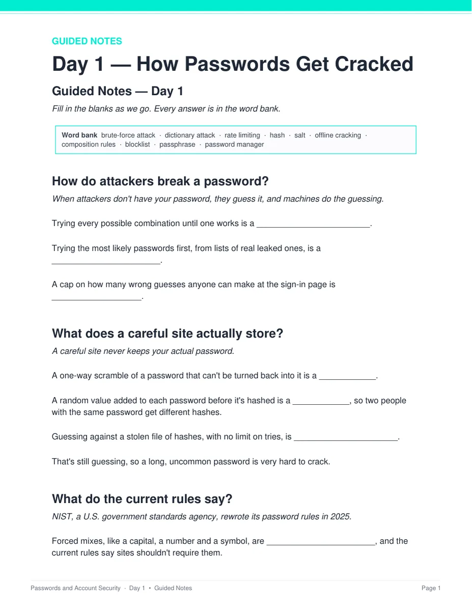 Day 1 guided notes page from the Passwords and Account Security unit