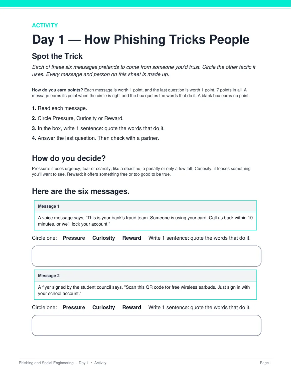 The Spot the Trick activity sheet from Day 1