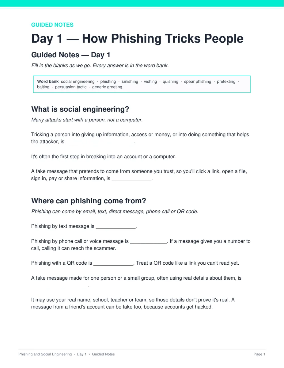 Day 1 guided notes page from the Phishing and Social Engineering unit