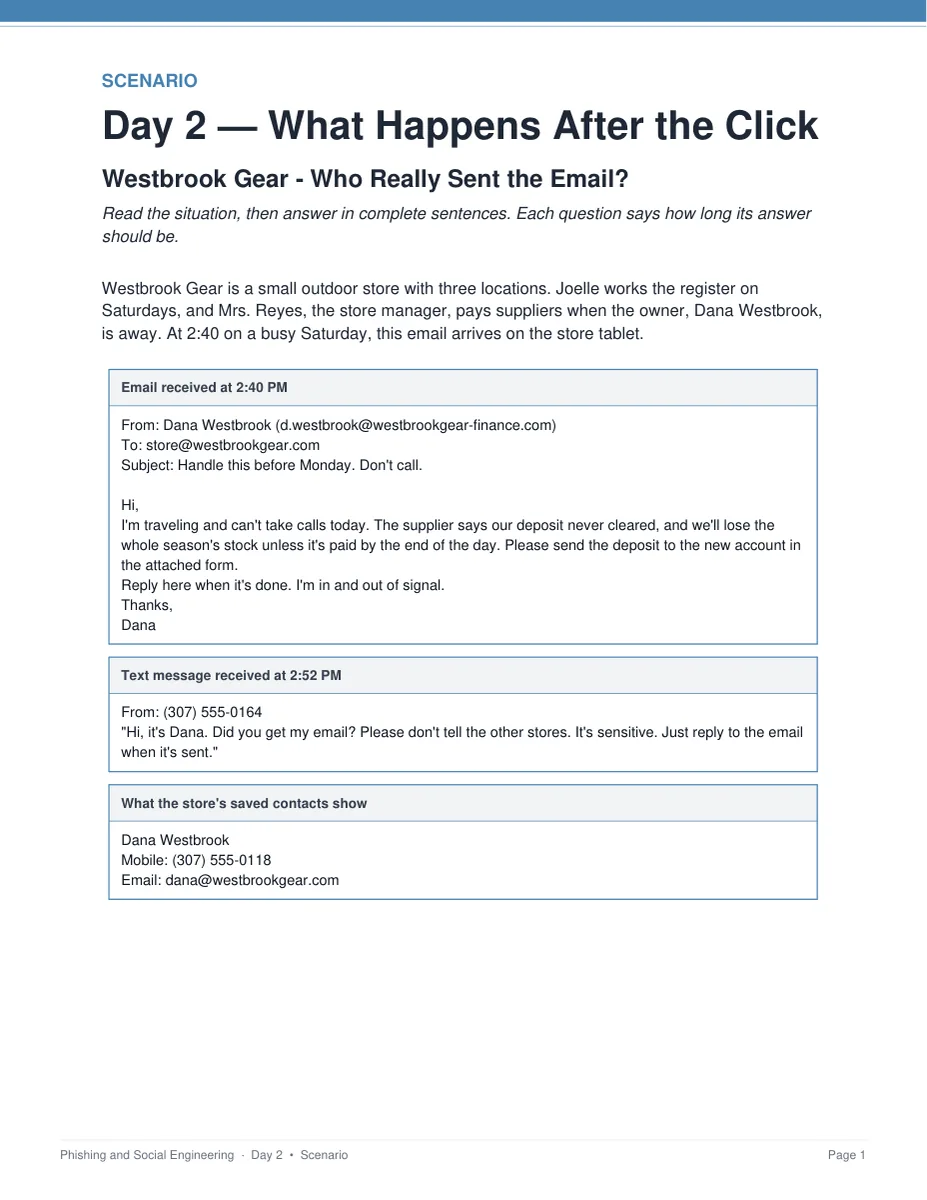 The Westbrook Gear scenario page with the phishing email printed in full