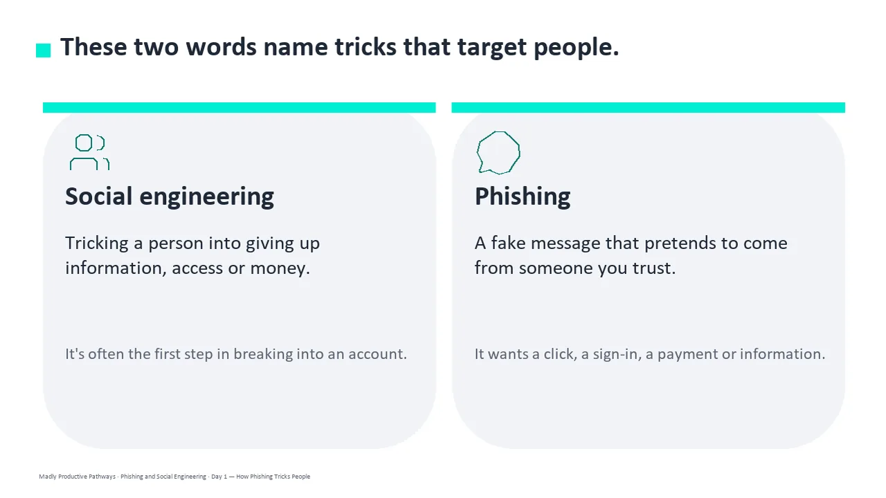 A slide from Day 1 of the Phishing and Social Engineering deck