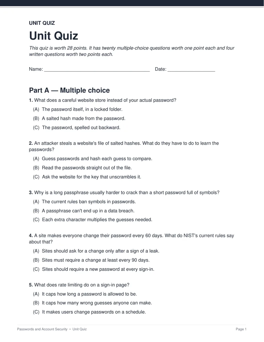 The unit quiz from the Passwords and Account Security unit