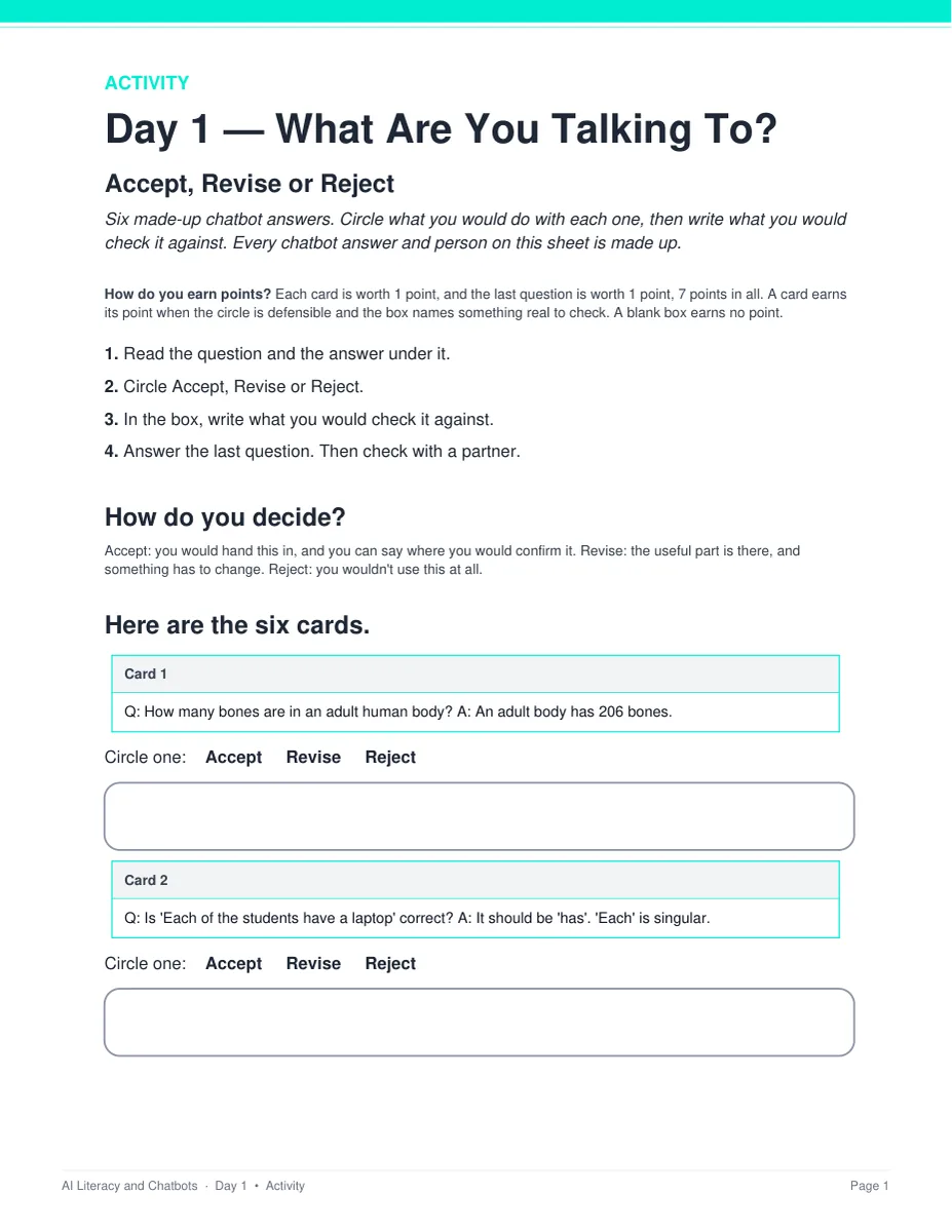The Accept, Revise or Reject activity sheet from Day 1