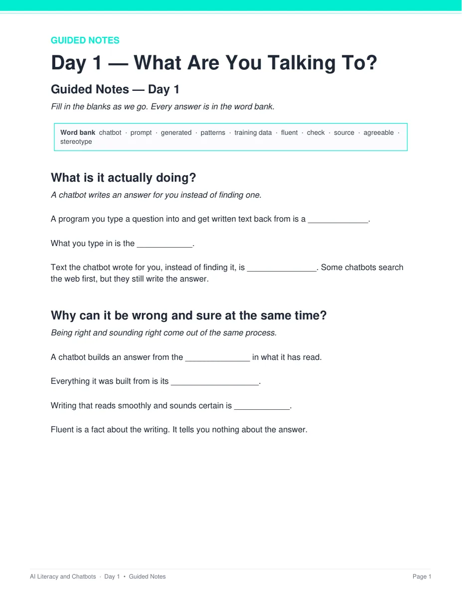 Day 1 guided notes page from the Artificial Intelligence and Chatbots unit