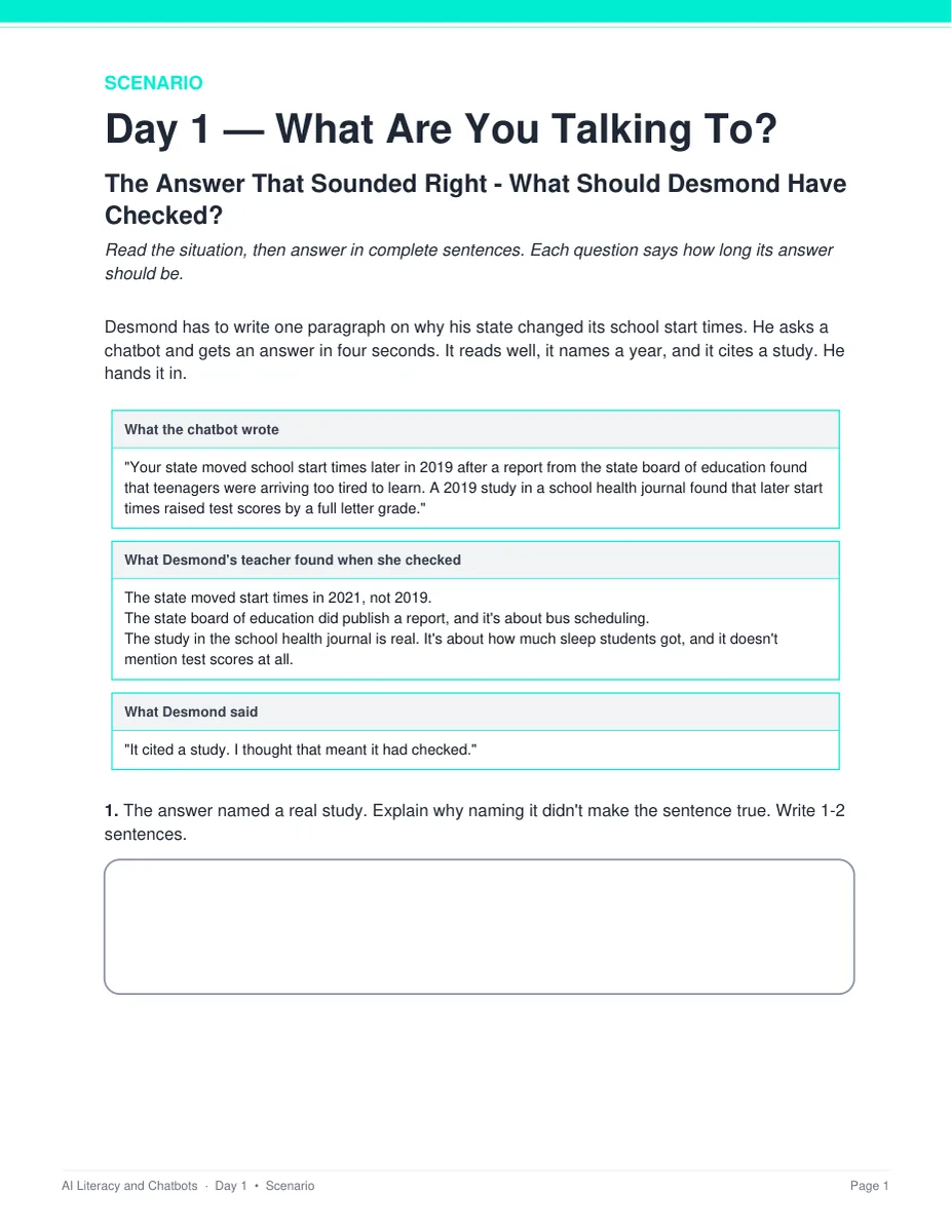 The Answer That Sounded Right scenario page, with the chatbot answer printed in full