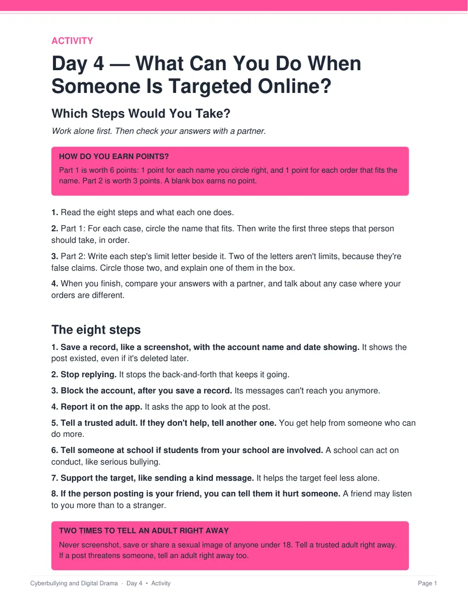 The Which Steps Would You Take? activity sheet from Day 4