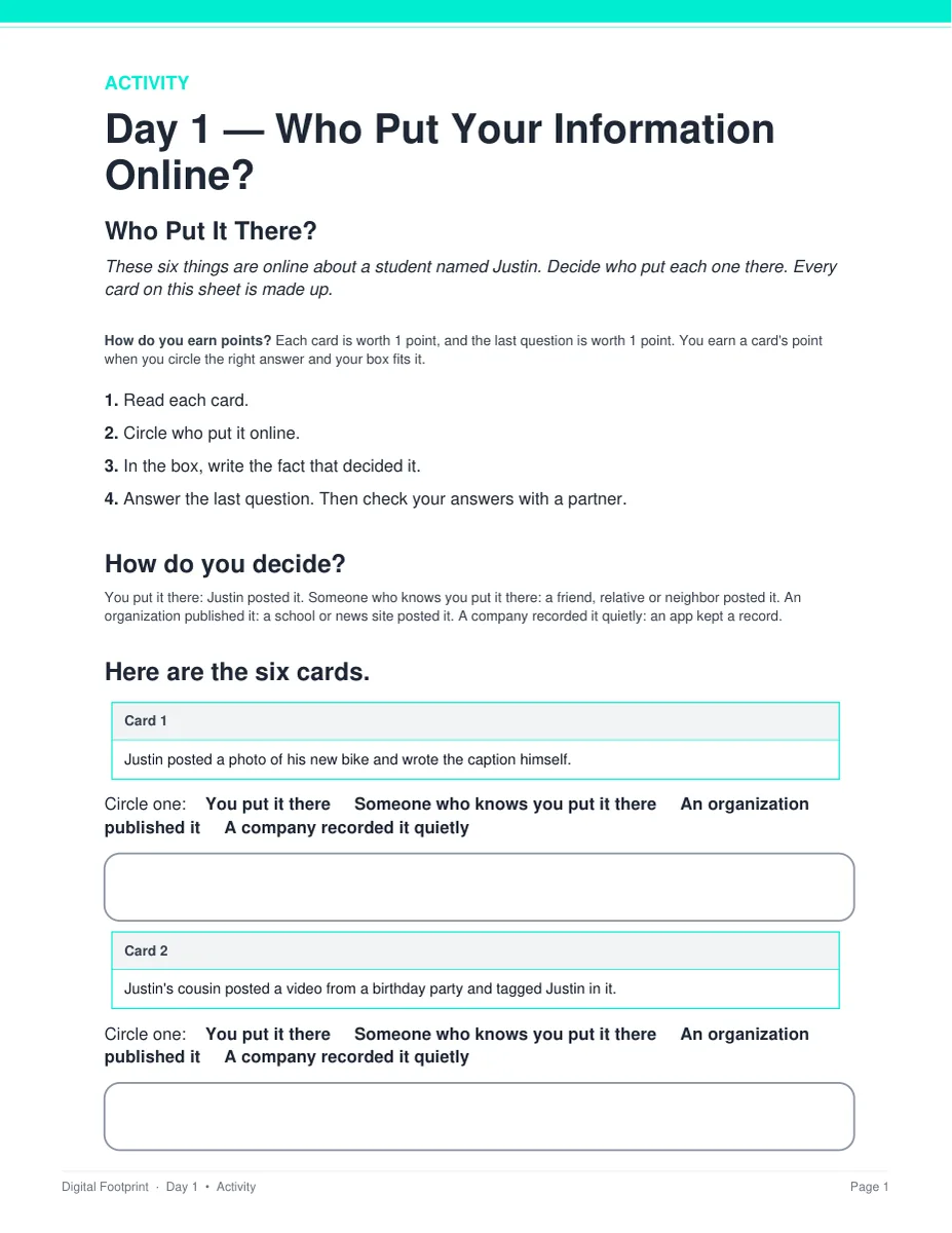 The Who Put It There? activity from Day 1 of the Digital Footprint unit