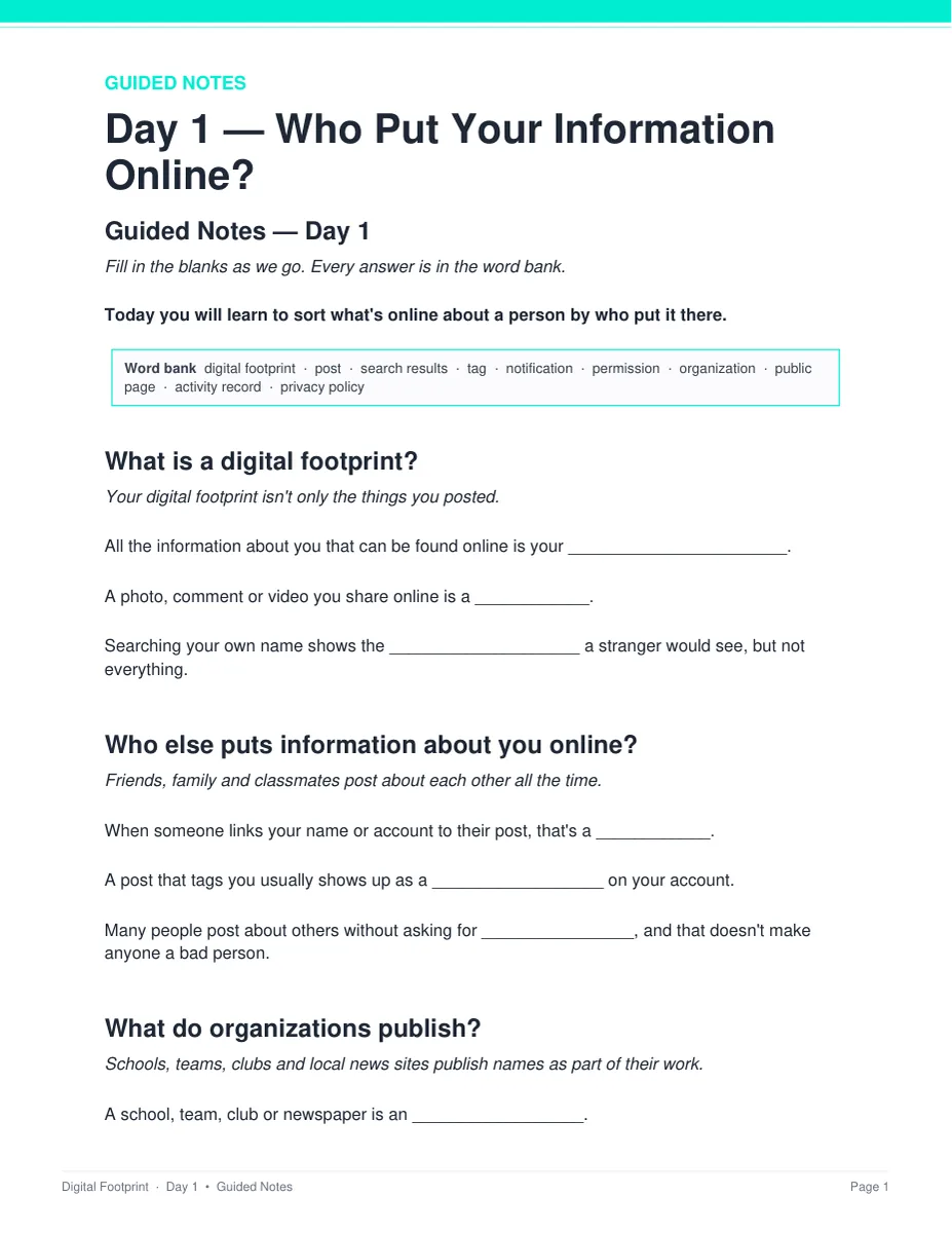 Day 1 guided notes page from the Digital Footprint unit