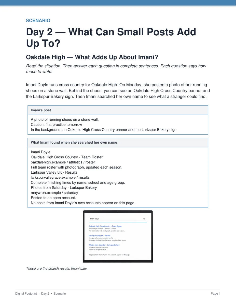 The Oakdale High scenario page from the Digital Footprint unit