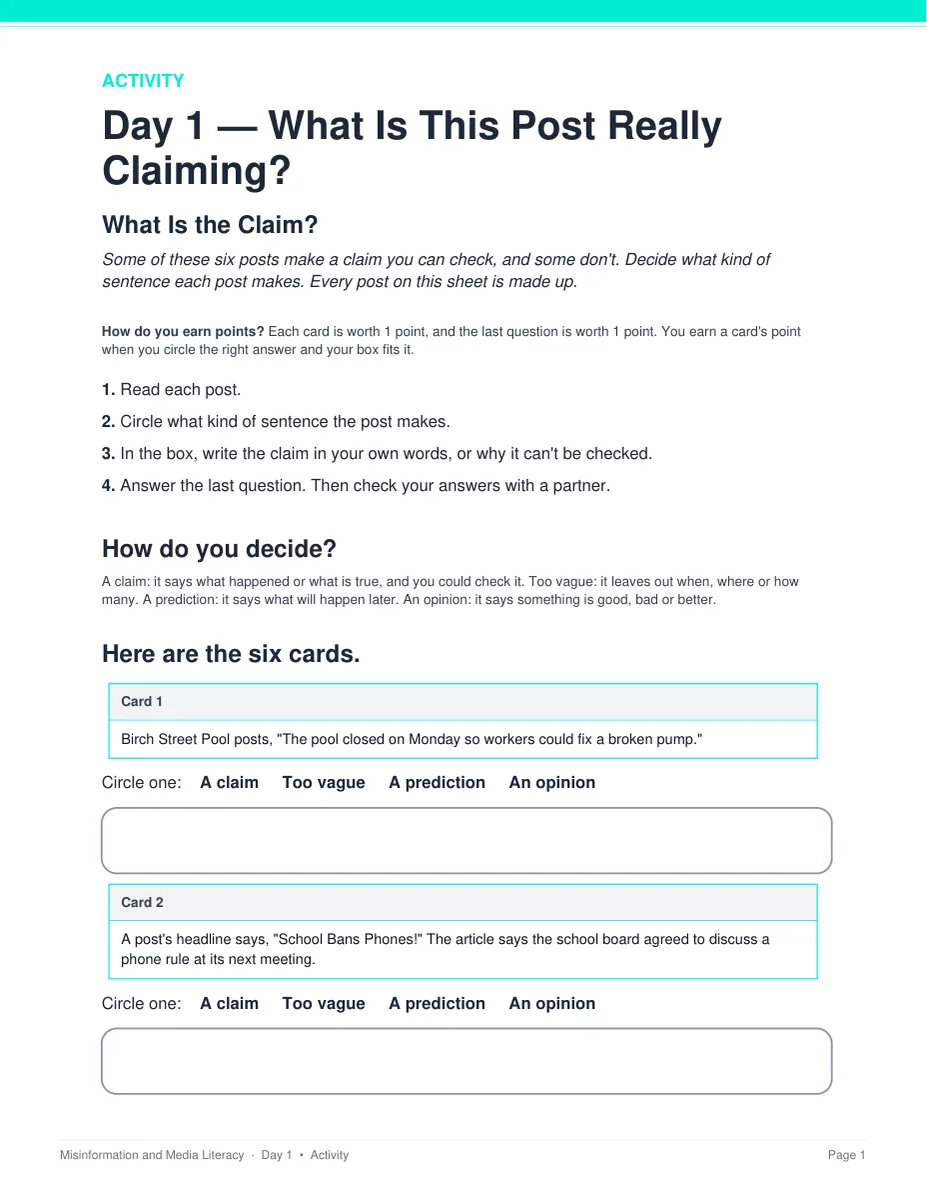 The What Is the Claim? activity from Day 1 of the Misinformation and Media Literacy unit