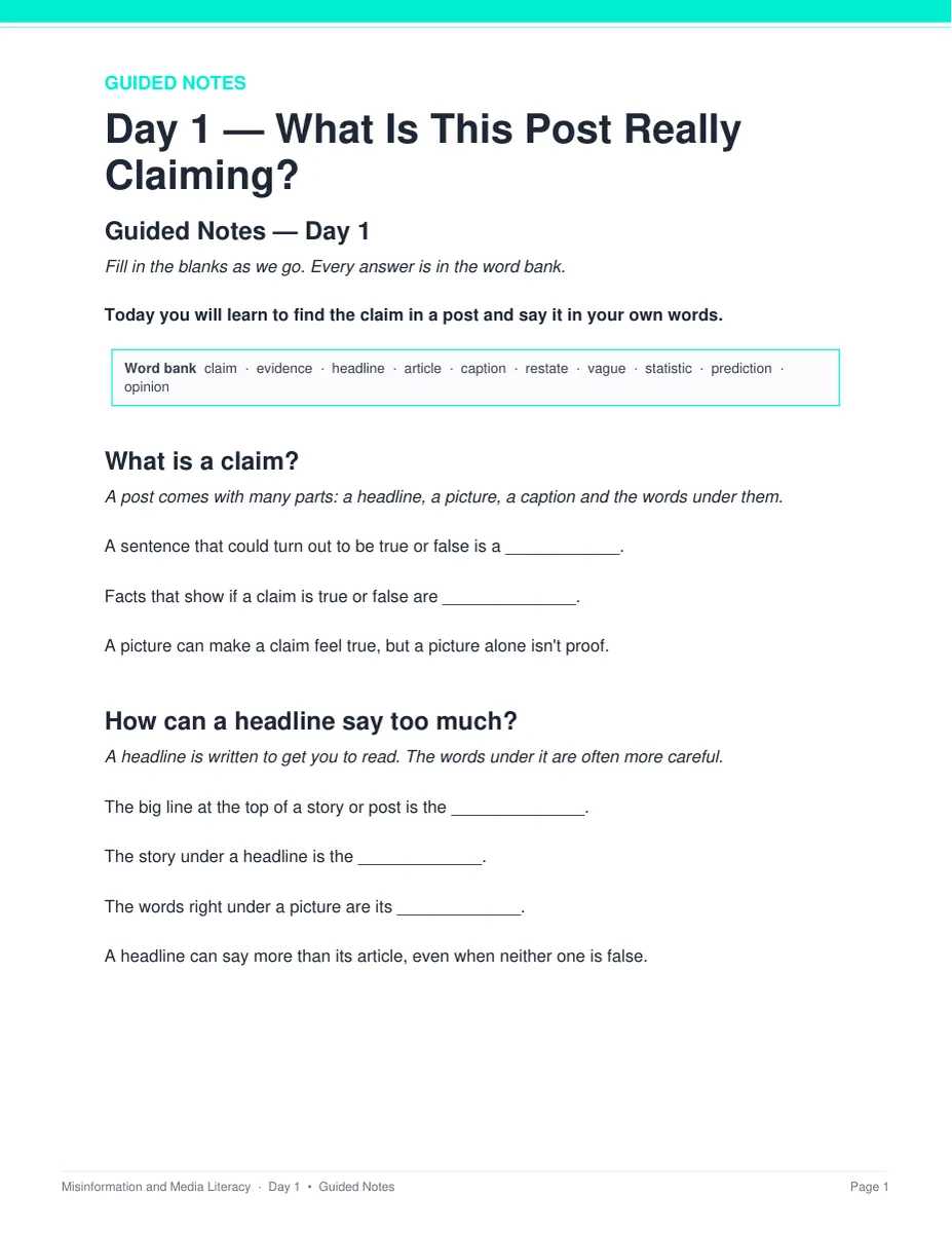 Day 1 guided notes page from the Misinformation and Media Literacy unit