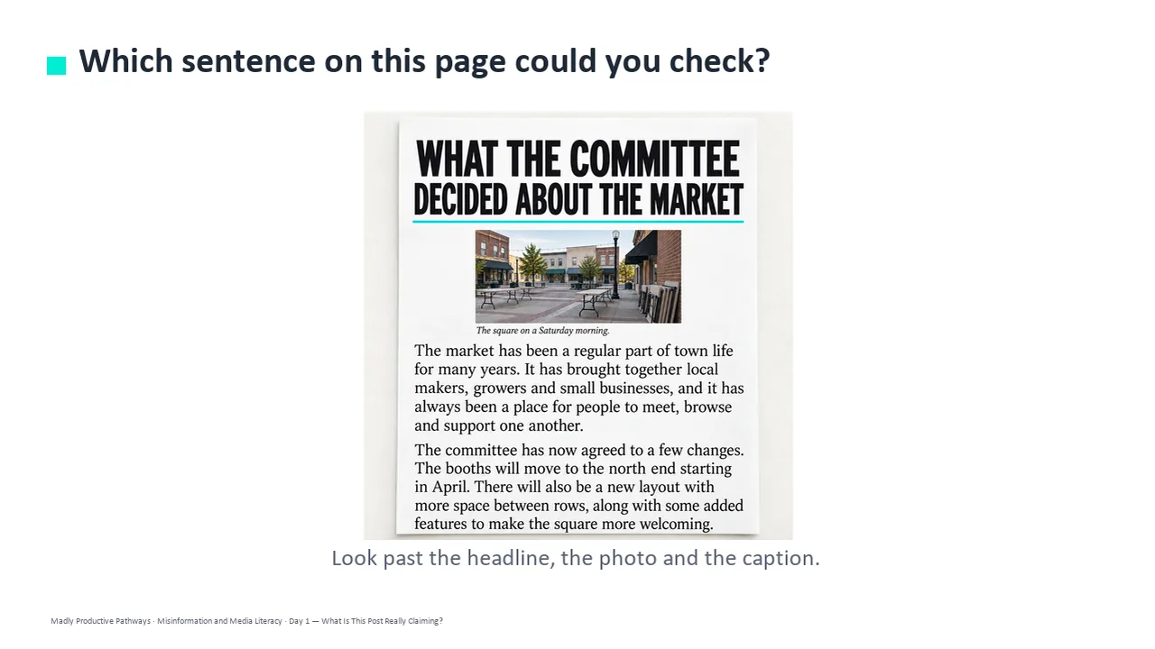 A slide from Day 1 of the Misinformation and Media Literacy deck