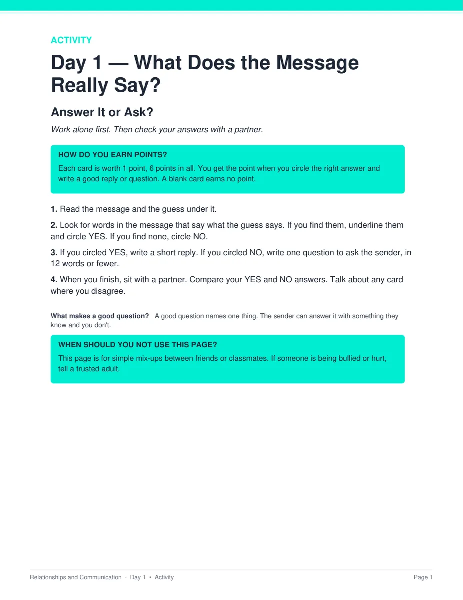 The Answer It or Ask? activity from Day 1 of the Online Communication and Netiquette unit