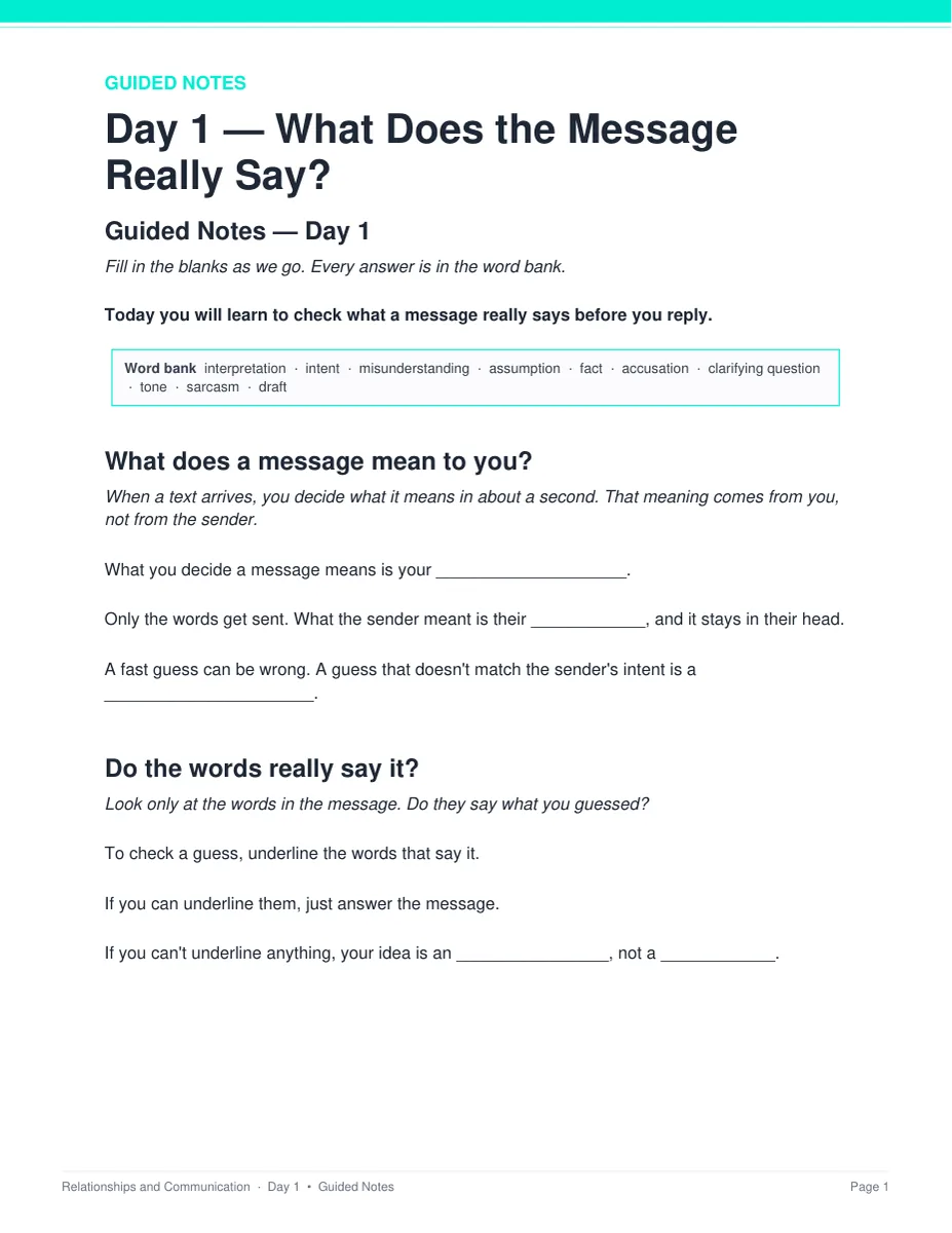 Day 1 guided notes page from the Online Communication and Netiquette unit