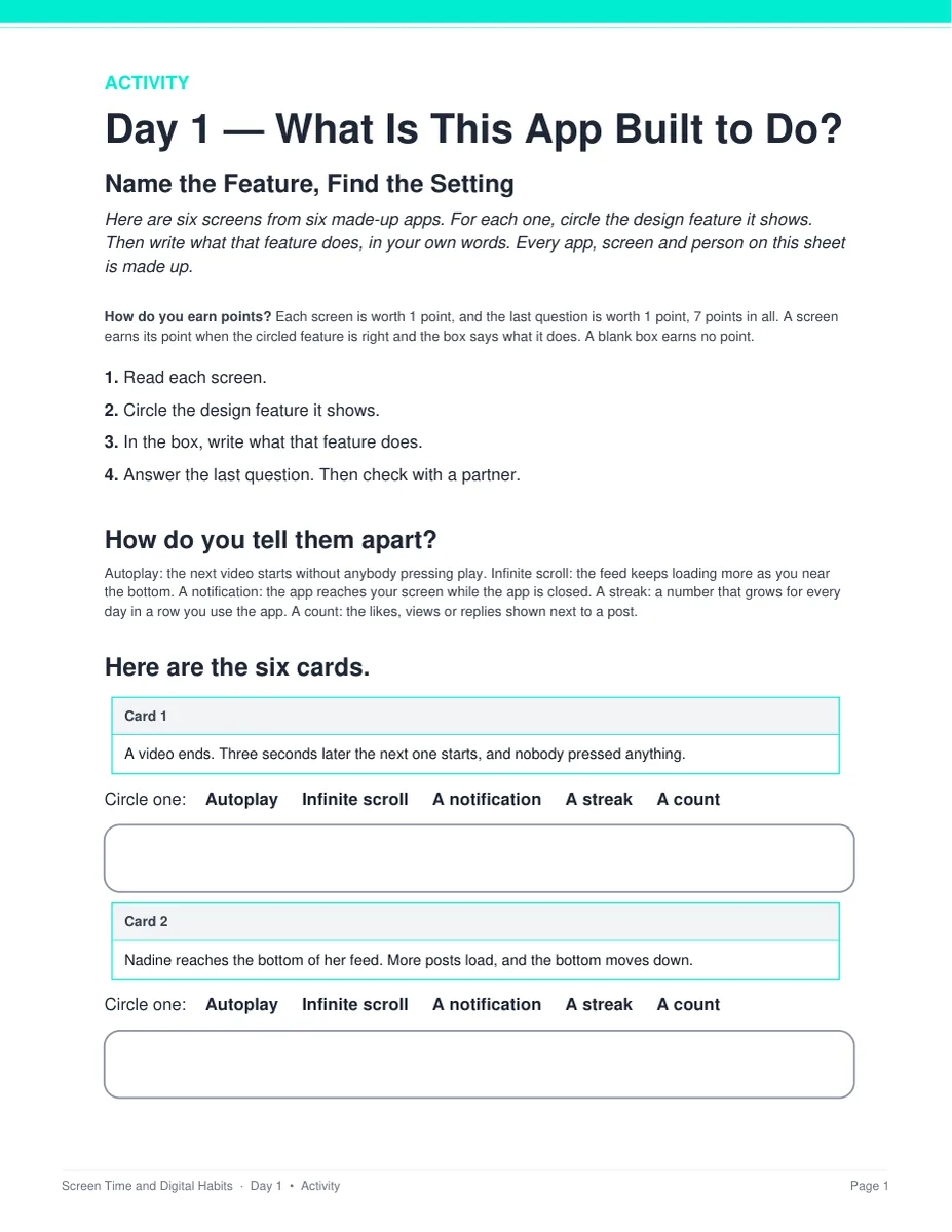 The Name the Feature, Find the Setting activity sheet from Day 1