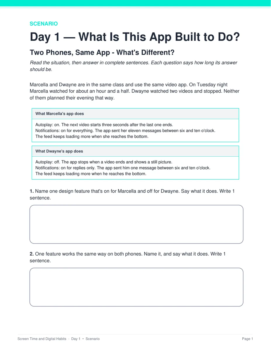 The Two Phones, Same App scenario page with both sets of settings printed side by side
