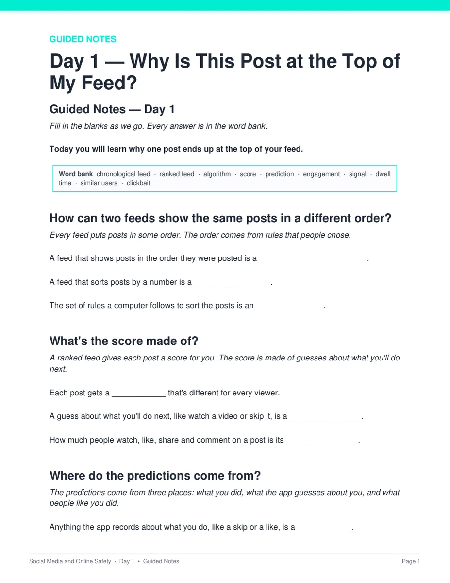 Day 1 guided notes page from the Social Media and Online Safety unit
