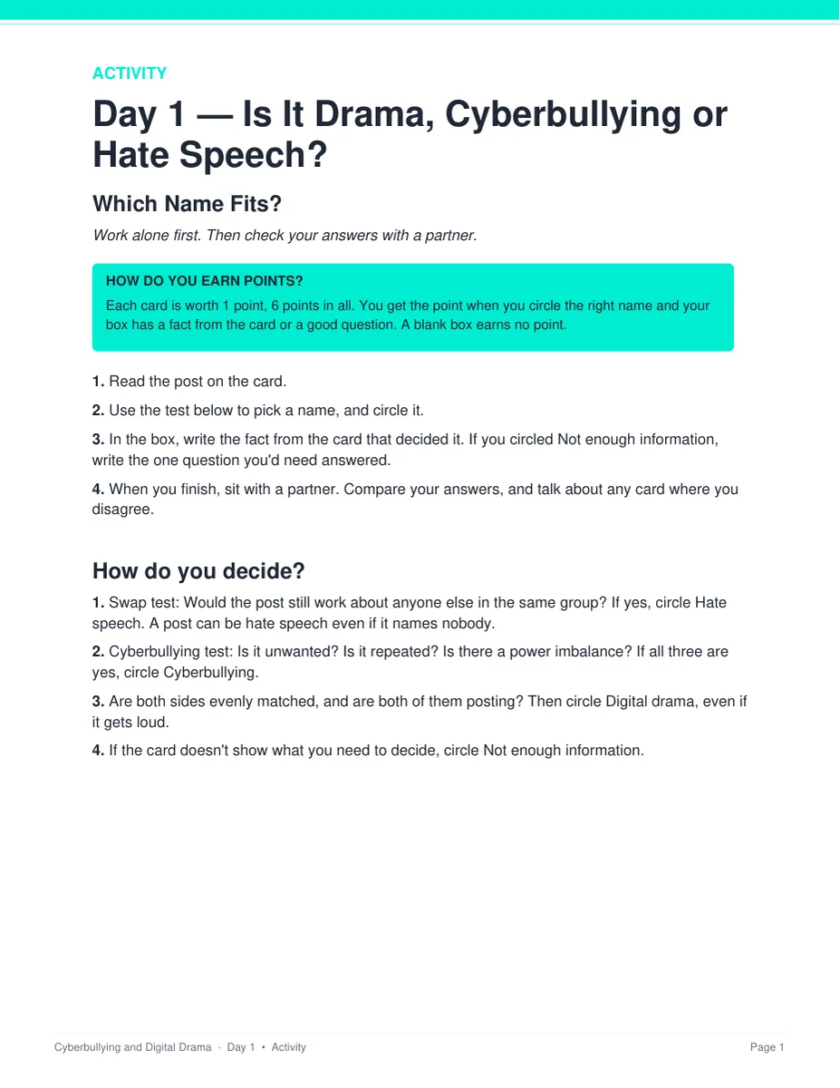 The Which Name Fits? activity sheet from Day 1 of the Cyberbullying and Digital Drama unit