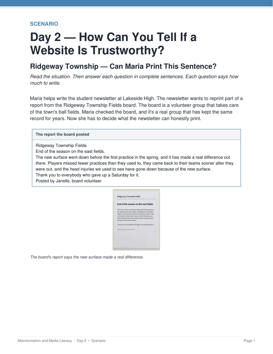 The Ridgeway Township scenario from the Misinformation and Media Literacy unit