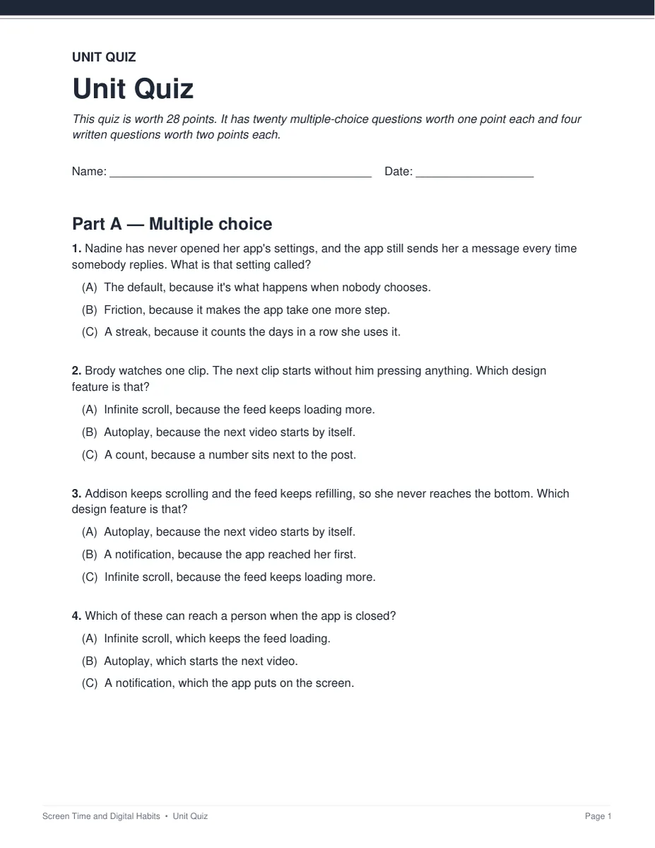 The unit quiz from the Screen Time and Digital Habits unit