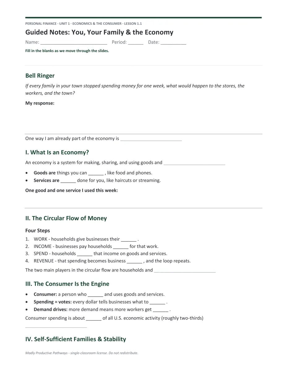 Personal Finance Unit 1 guided notes PDF page
