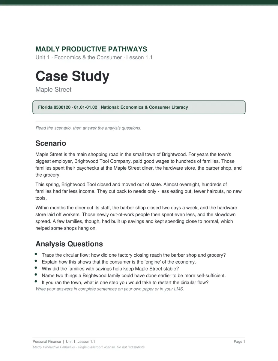Personal Finance Unit 1 scenario PDF page