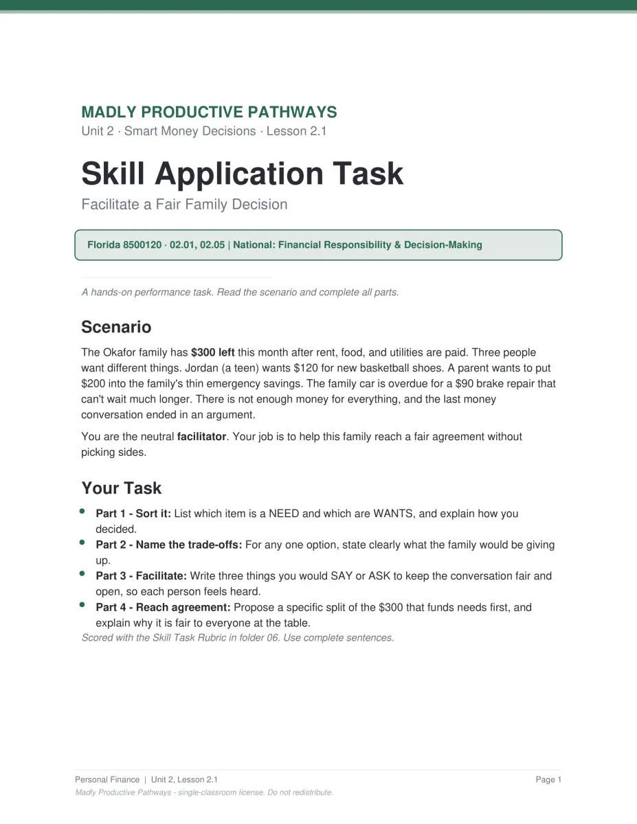Personal Finance Unit 2 activity PDF page