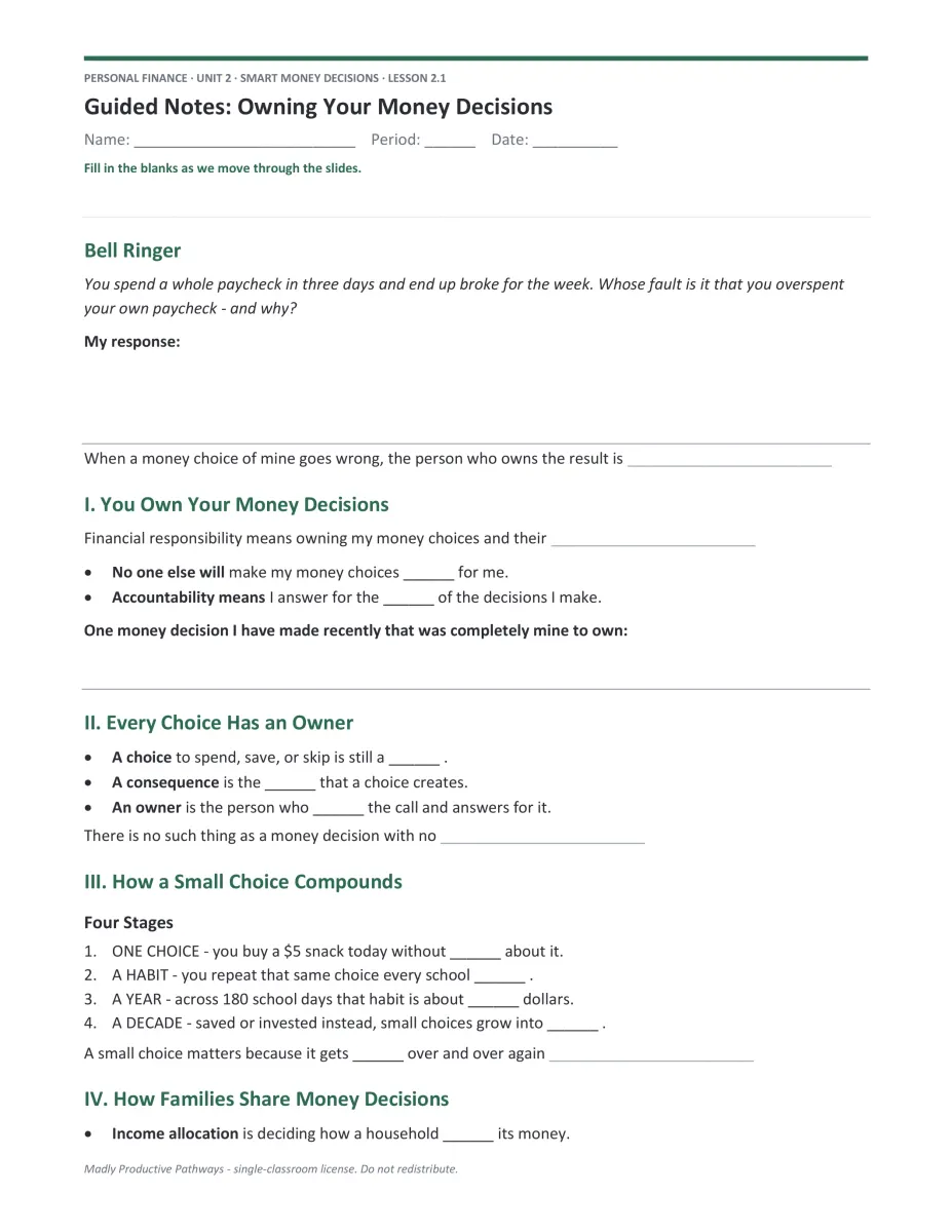 Personal Finance Unit 2 guided notes PDF page