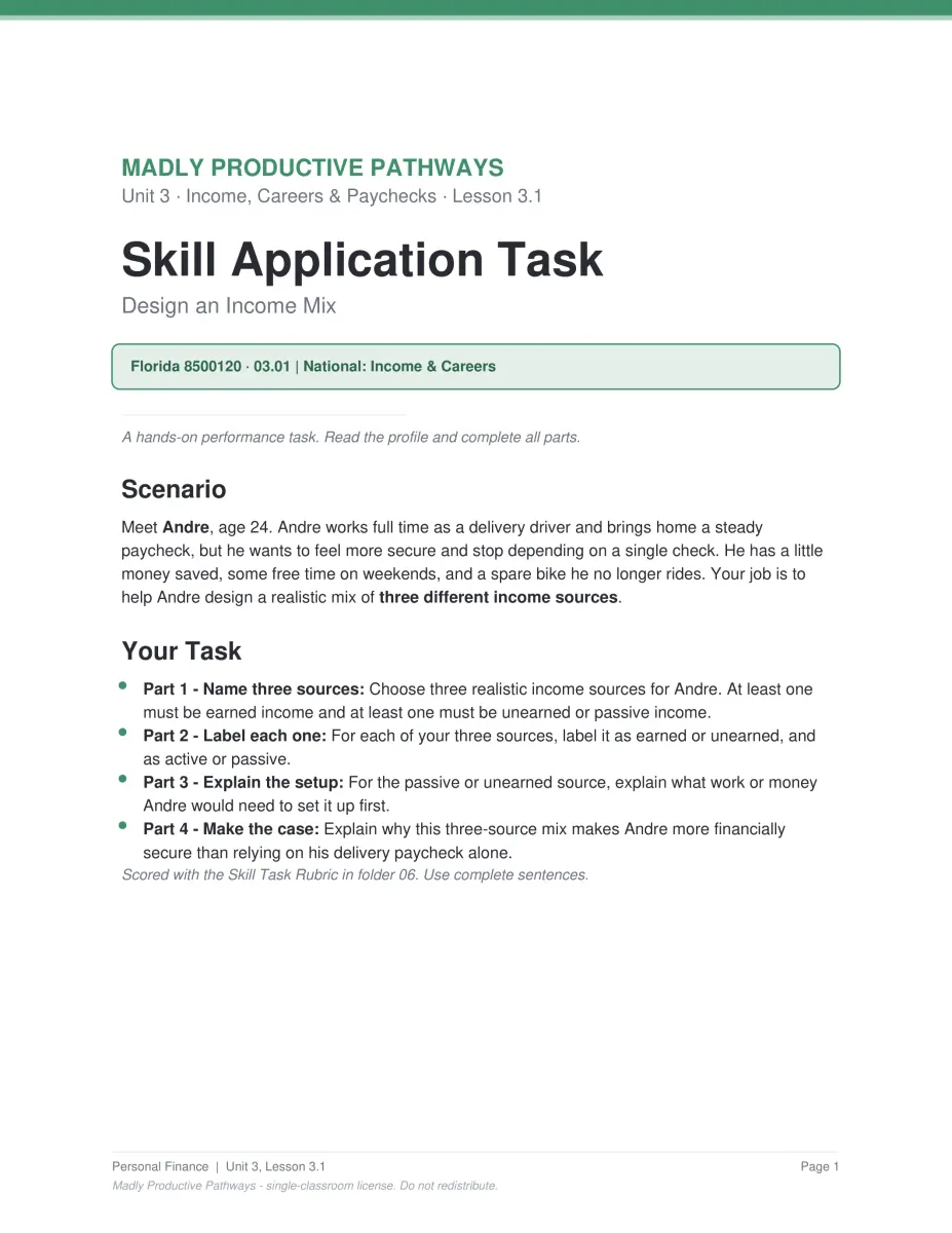 Personal Finance Unit 3 activity PDF page