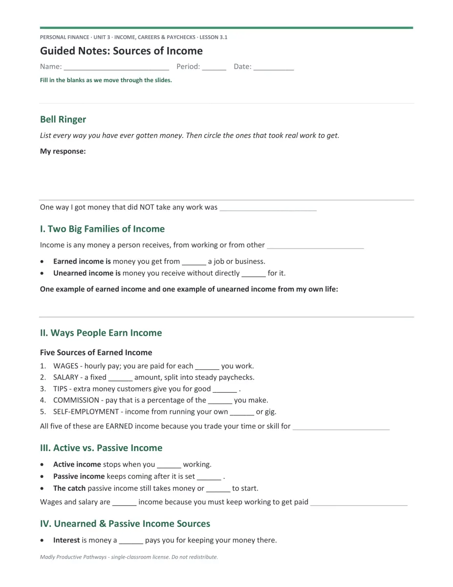 Personal Finance Unit 3 guided notes PDF page