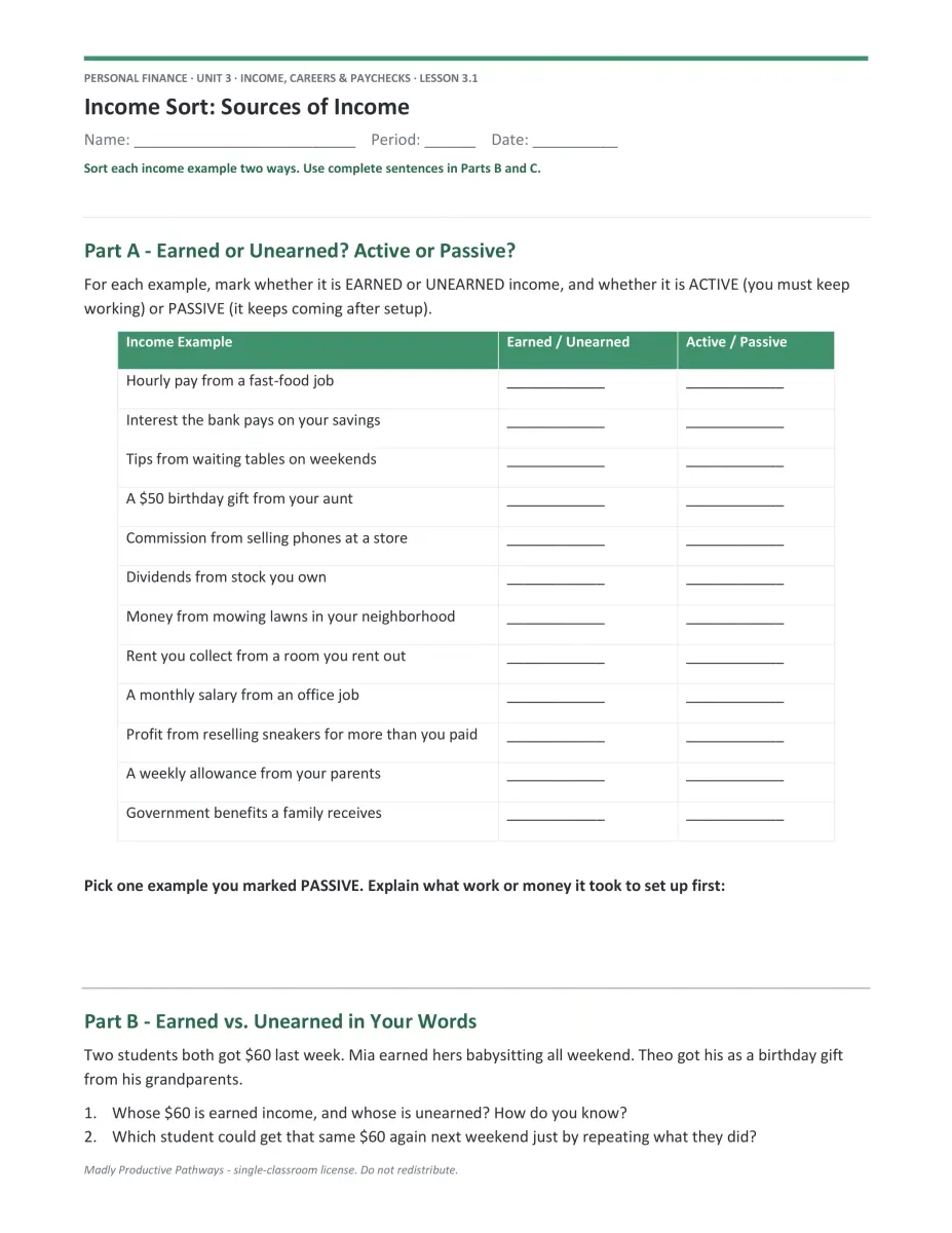 Personal Finance Unit 3 scenario PDF page