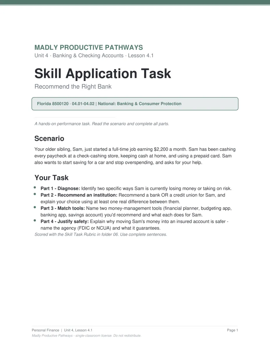 Personal Finance Unit 4 activity PDF page