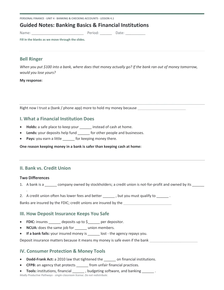 Personal Finance Unit 4 guided notes PDF page