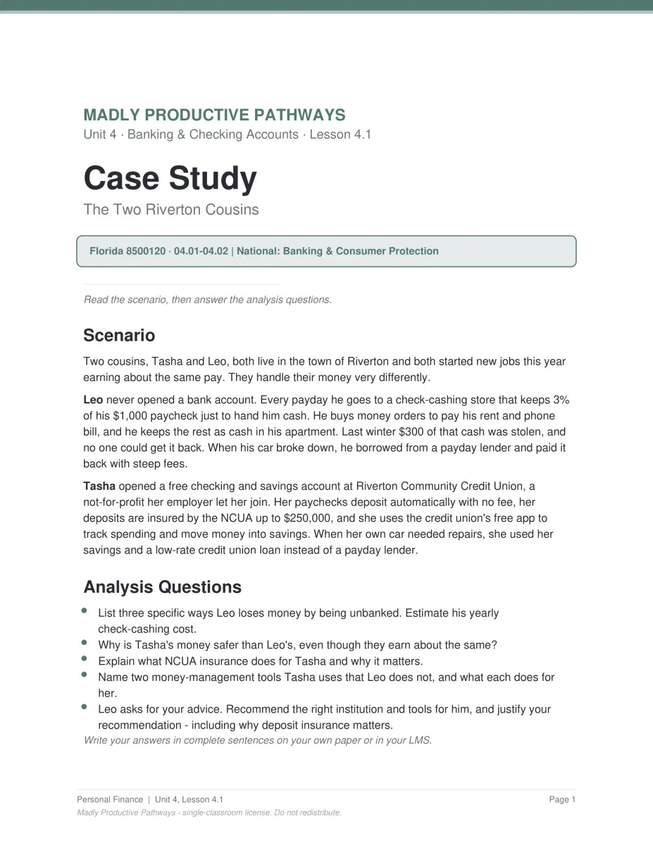 Personal Finance Unit 4 scenario PDF page