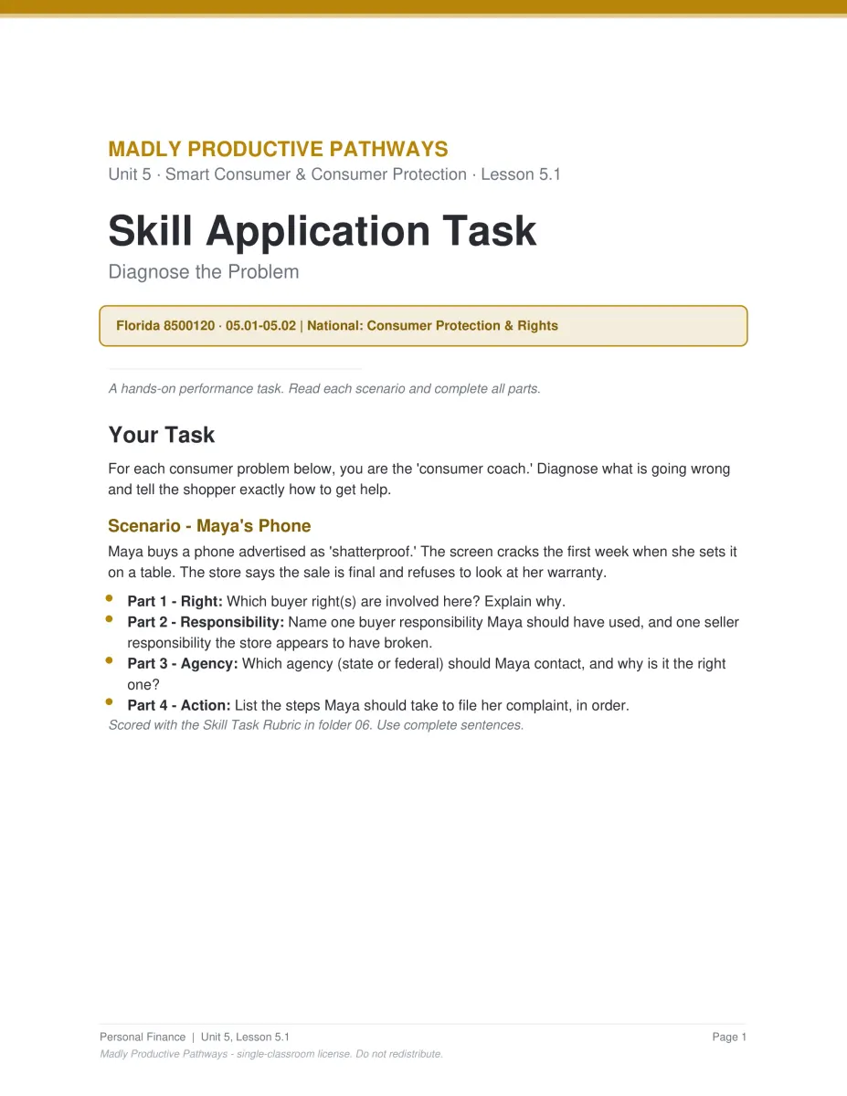 Personal Finance Unit 5 activity PDF page