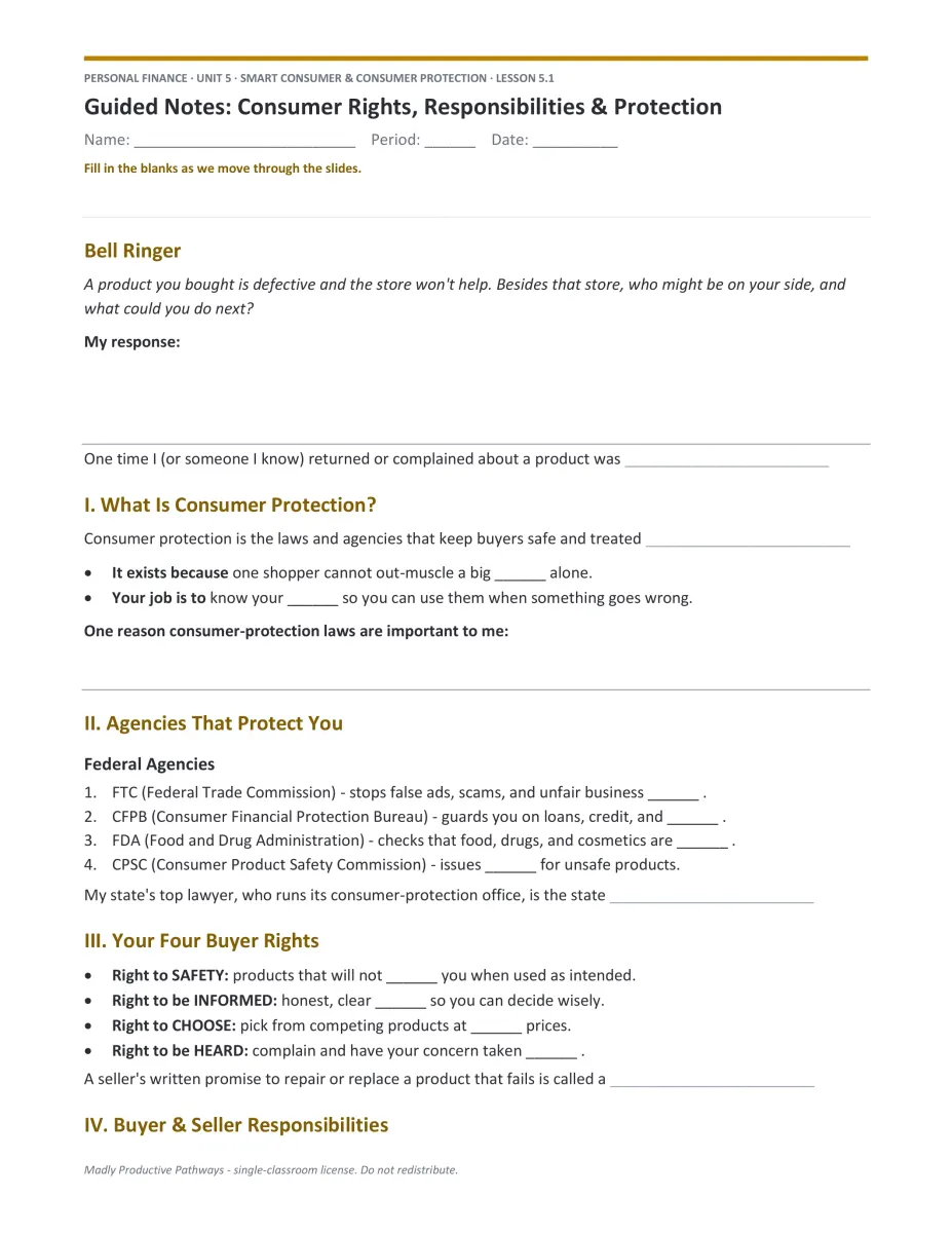 Personal Finance Unit 5 guided notes PDF page