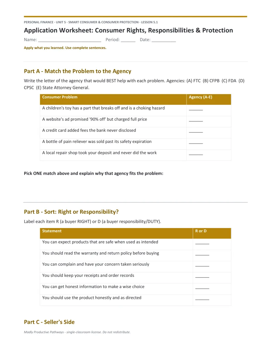 Personal Finance Unit 5 scenario PDF page