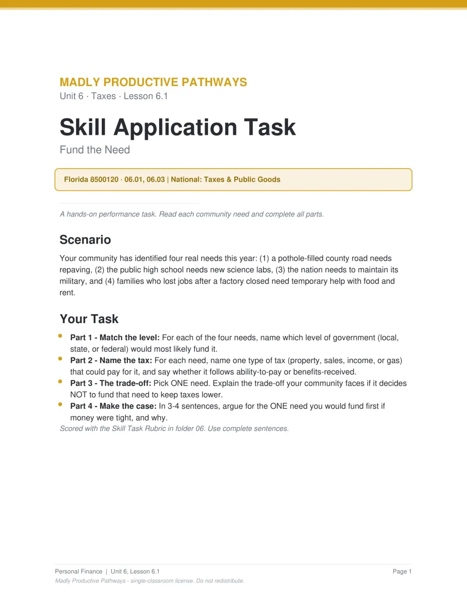 Personal Finance Unit 6 activity PDF page