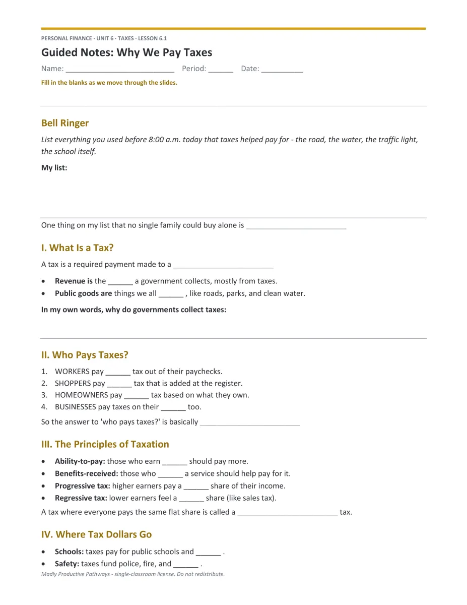 Personal Finance Unit 6 guided notes PDF page