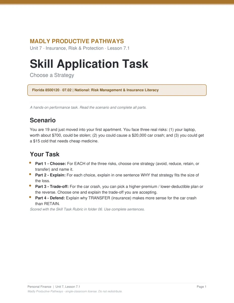 Personal Finance Unit 7 activity PDF page