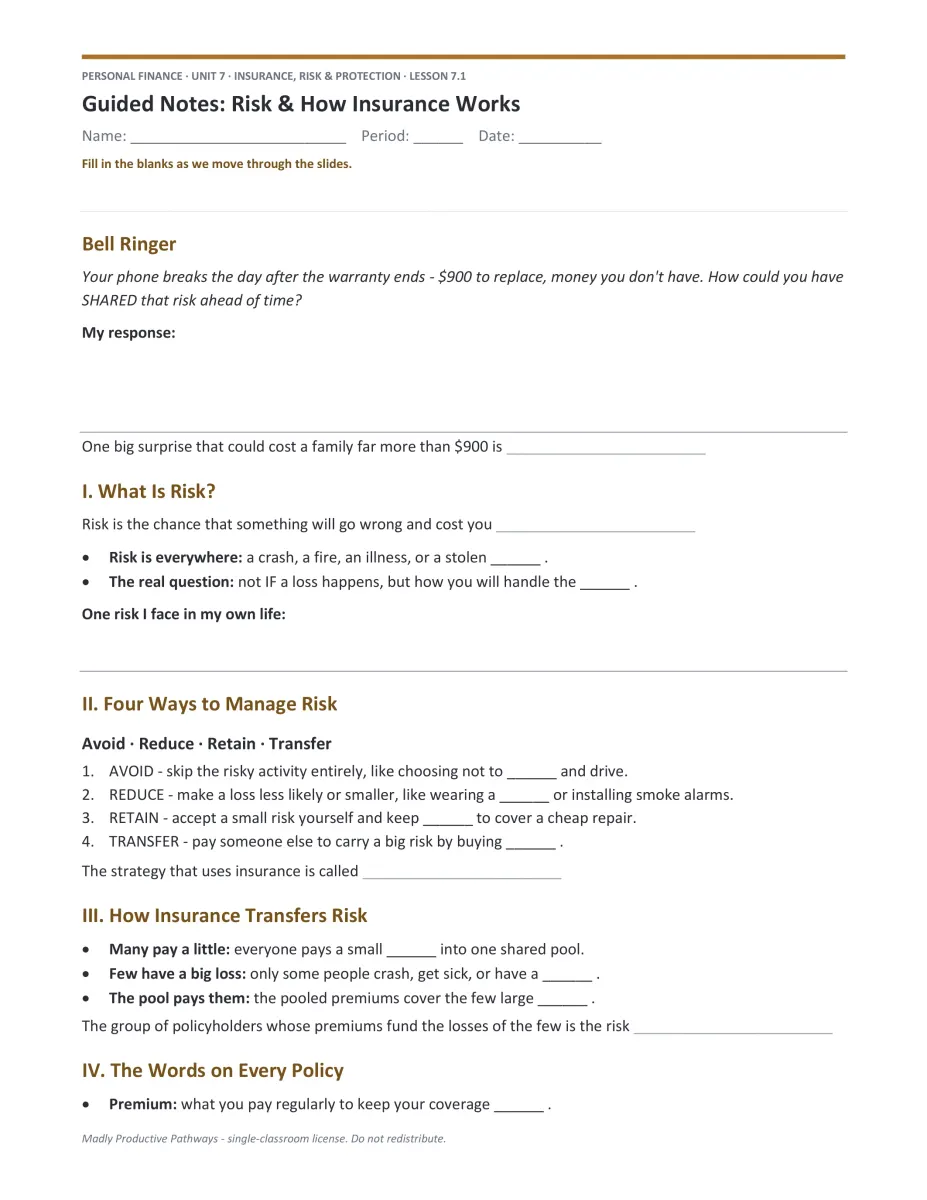 Personal Finance Unit 7 guided notes PDF page